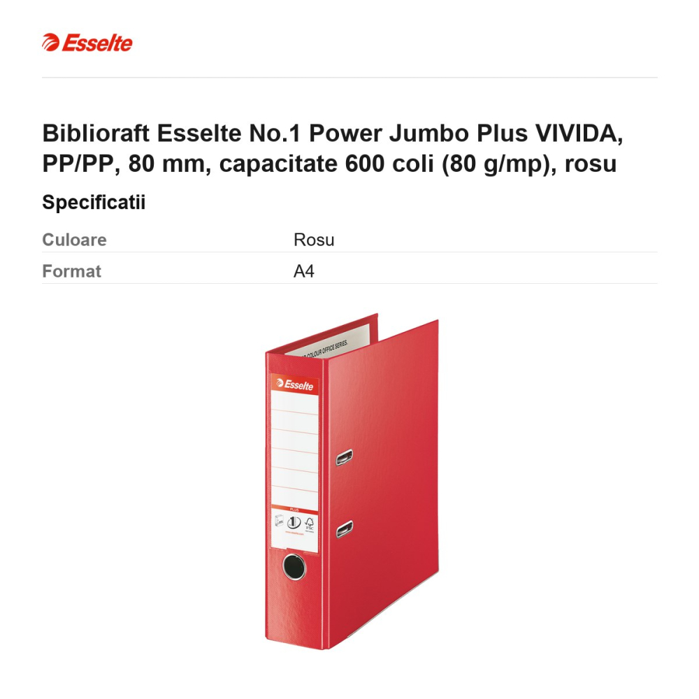 Biblioraft Esselte No.1 Power Jumbo Plus VIVIDA, PP/PP, 80 mm, capacitate 600 coli (80 g/mp), rosu [3]