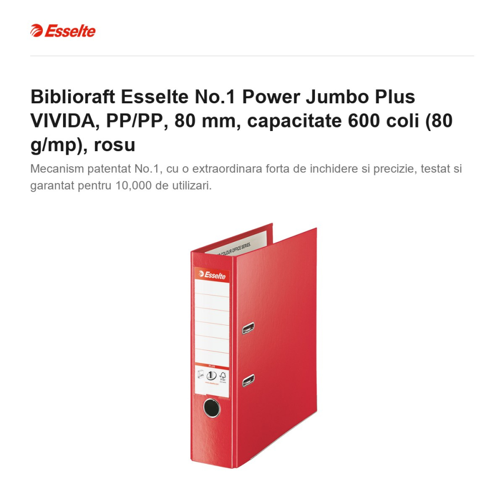 Biblioraft Esselte No.1 Power Jumbo Plus VIVIDA, PP/PP, 80 mm, capacitate 600 coli (80 g/mp), rosu [2]