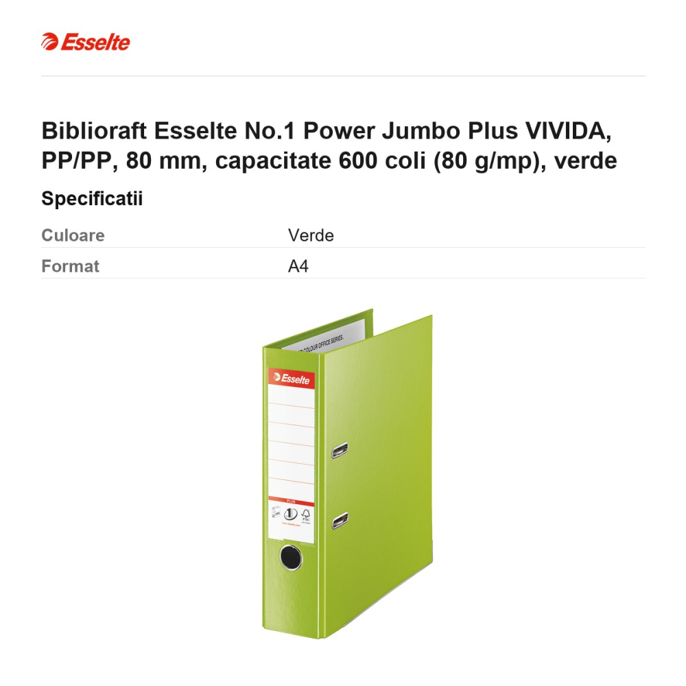 Biblioraft Esselte No.1 Power Jumbo Plus VIVIDA, PP/PP, 80 mm, capacitate 600 coli (80 g/mp), verde [3]