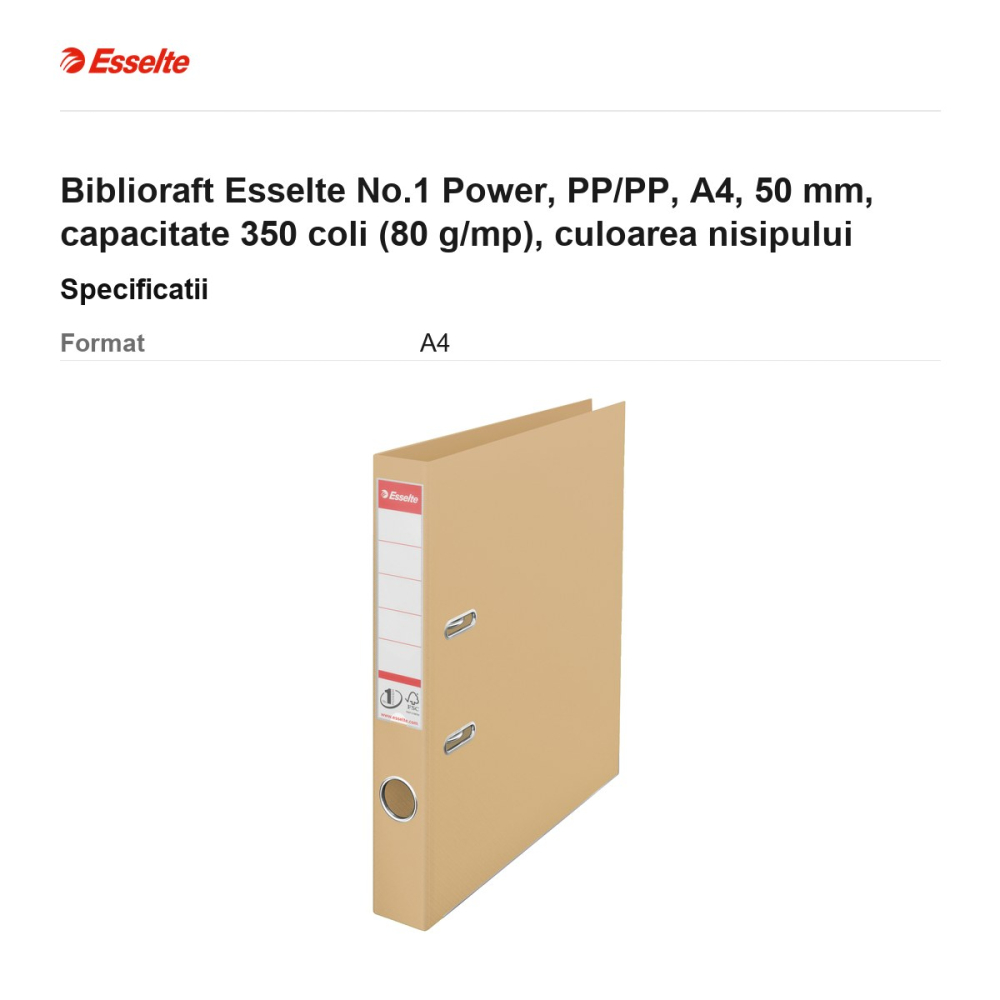 Biblioraft Esselte No.1 Power, PP/PP, A4, 50 mm, capacitate 350 coli (80 g/mp), culoarea nisipului [3]