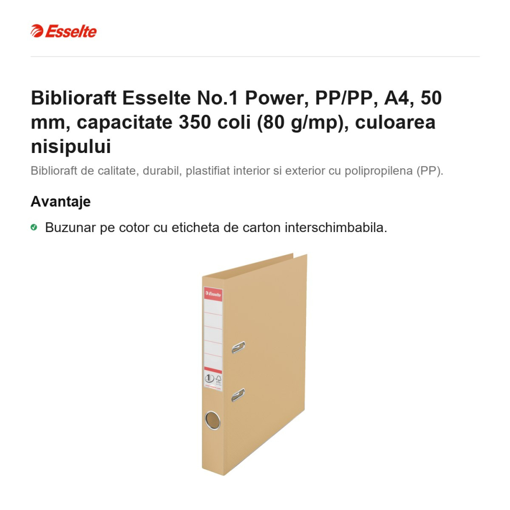 Biblioraft Esselte No.1 Power, PP/PP, A4, 50 mm, capacitate 350 coli (80 g/mp), culoarea nisipului [2]