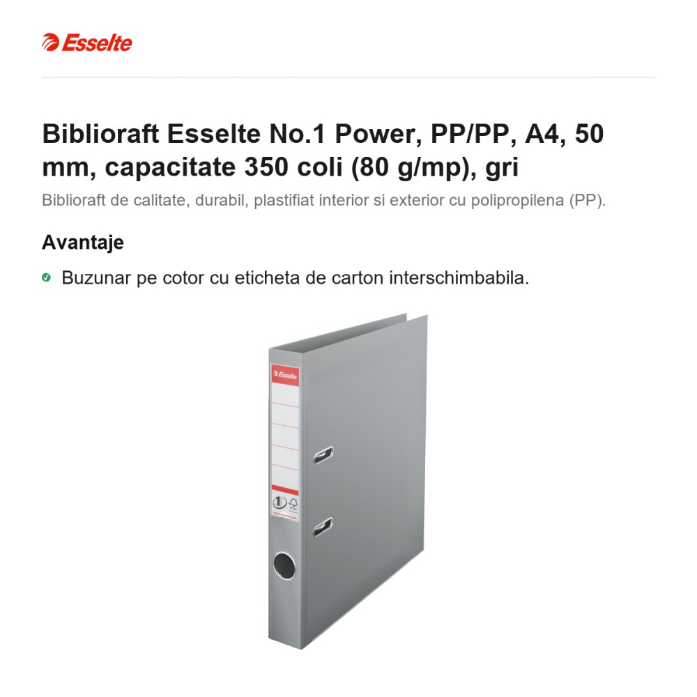 Biblioraft Esselte No.1 Power, PP/PP, A4, 50 mm, capacitate 350 coli (80 g/mp), gri [2]