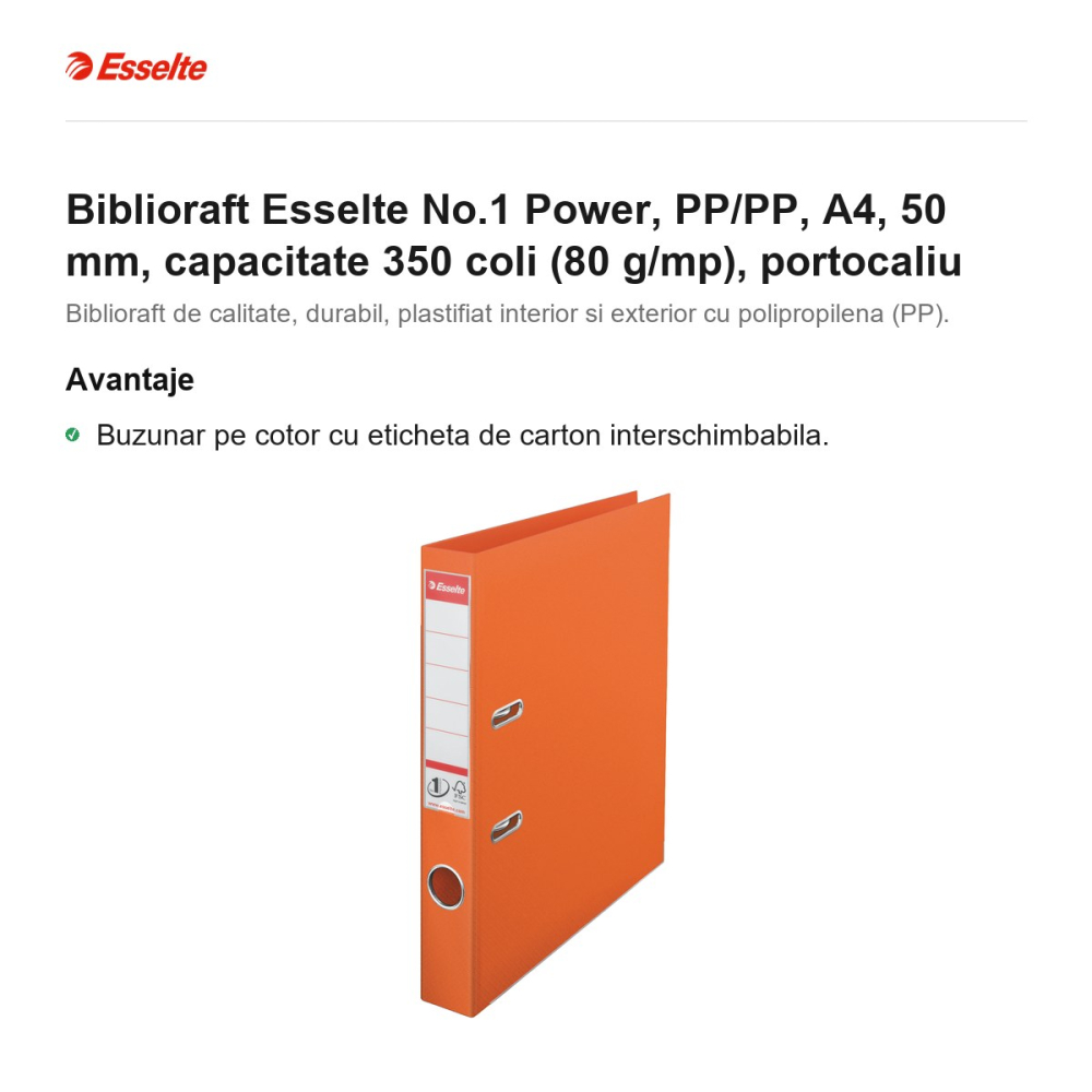 Biblioraft Esselte No.1 Power, PP/PP, A4, 50 mm, capacitate 350 coli (80 g/mp), portocaliu [2]