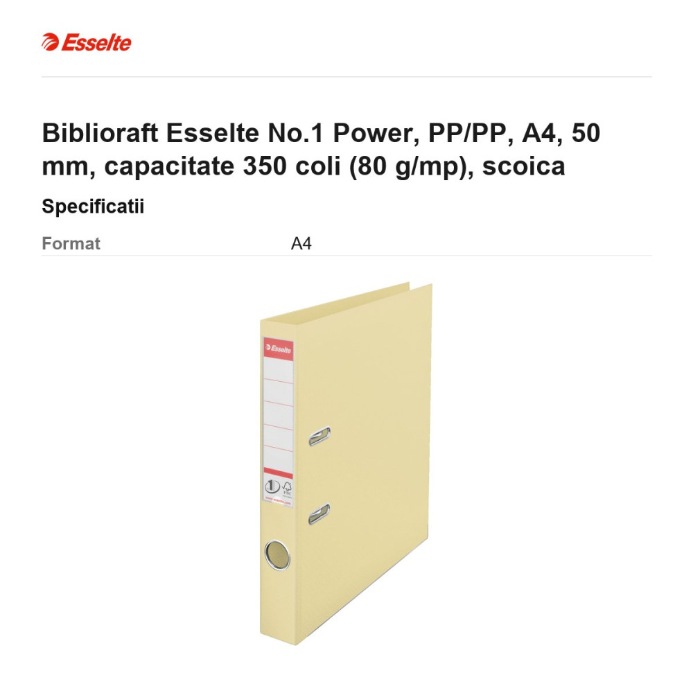 Biblioraft Esselte No.1 Power, PP/PP, A4, 50 mm, capacitate 350 coli (80 g/mp), scoica [3]