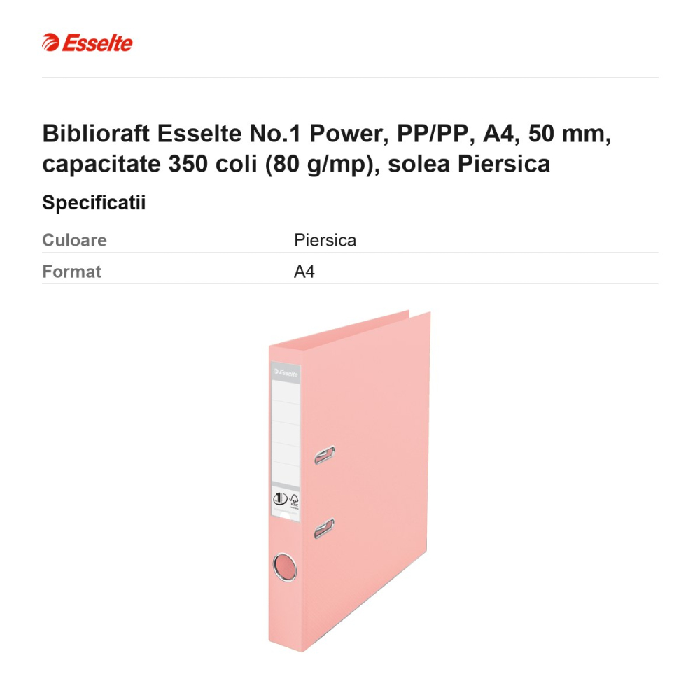 Biblioraft Esselte No.1 Power, PP/PP, A4, 50 mm, capacitate 350 coli (80 g/mp), solea Piersica [3]