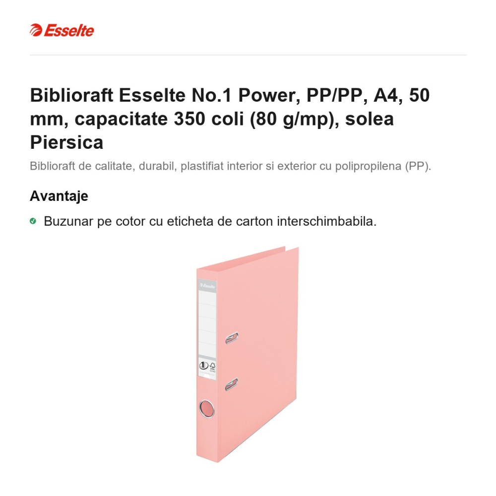 Biblioraft Esselte No.1 Power, PP/PP, A4, 50 mm, capacitate 350 coli (80 g/mp), solea Piersica [2]