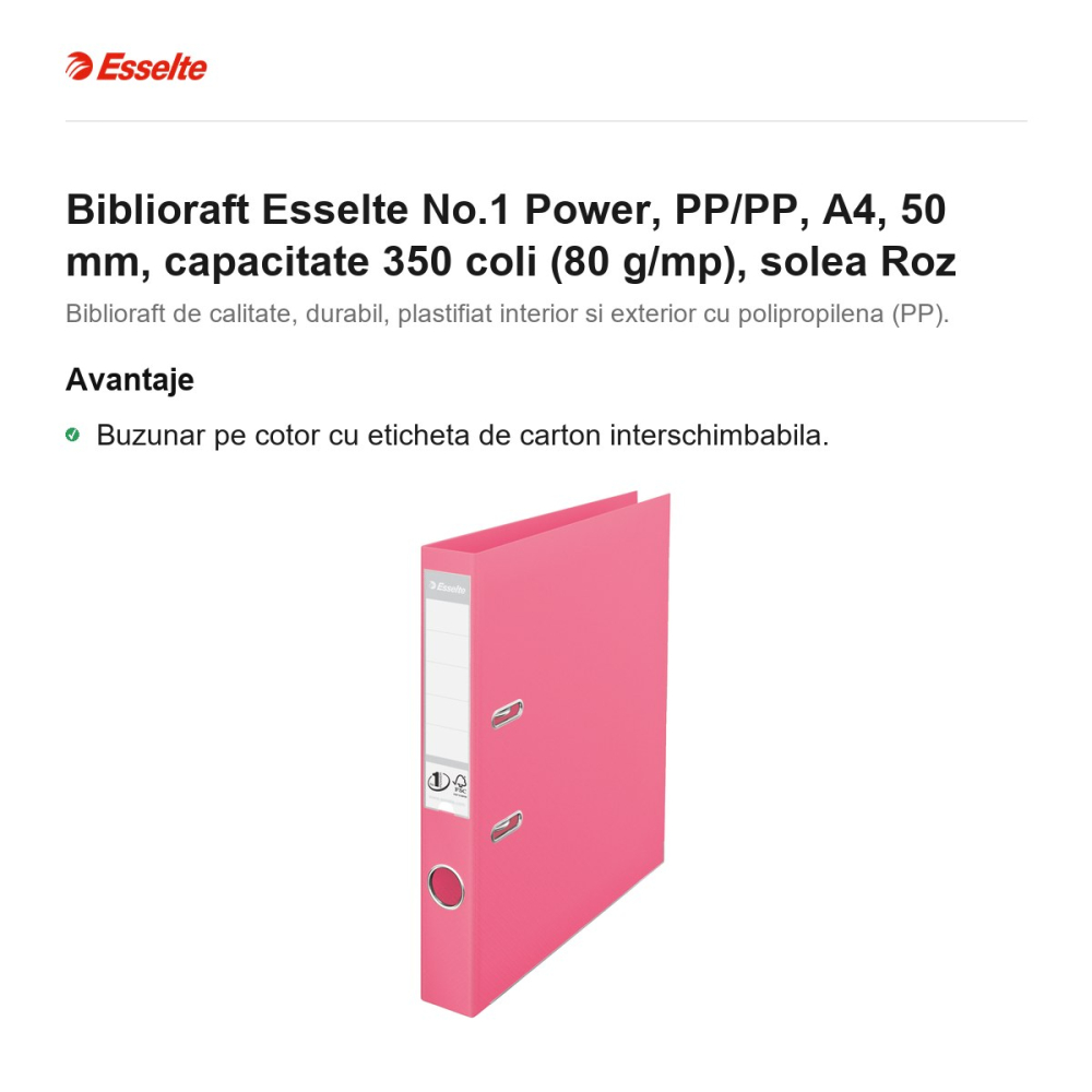 Biblioraft Esselte No.1 Power, PP/PP, A4, 50 mm, capacitate 350 coli (80 g/mp), solea Roz [2]