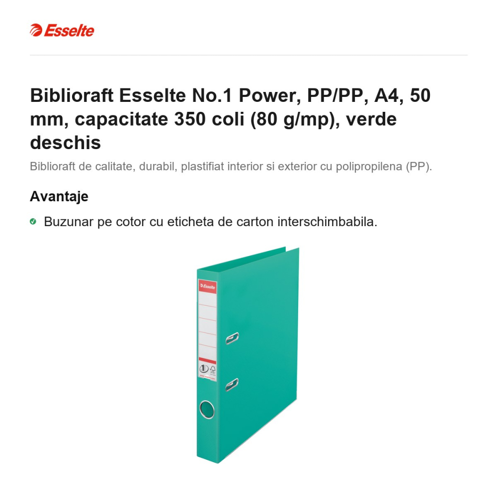 Biblioraft Esselte No.1 Power, PP/PP, A4, 50 mm, capacitate 350 coli (80 g/mp), verde deschis [2]