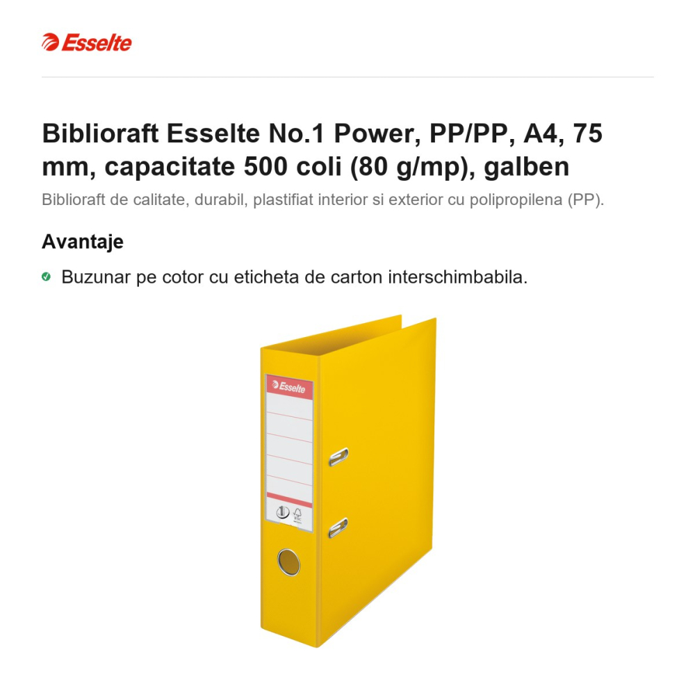Biblioraft Esselte No.1 Power, PP/PP, A4, 75 mm, capacitate 500 coli (80 g/mp), galben [2]