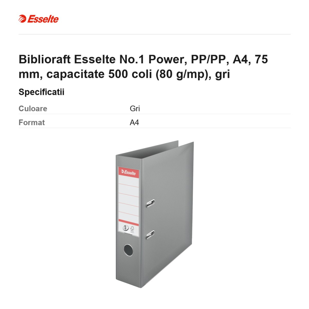 Biblioraft Esselte No.1 Power, PP/PP, A4, 75 mm, capacitate 500 coli (80 g/mp), gri [3]