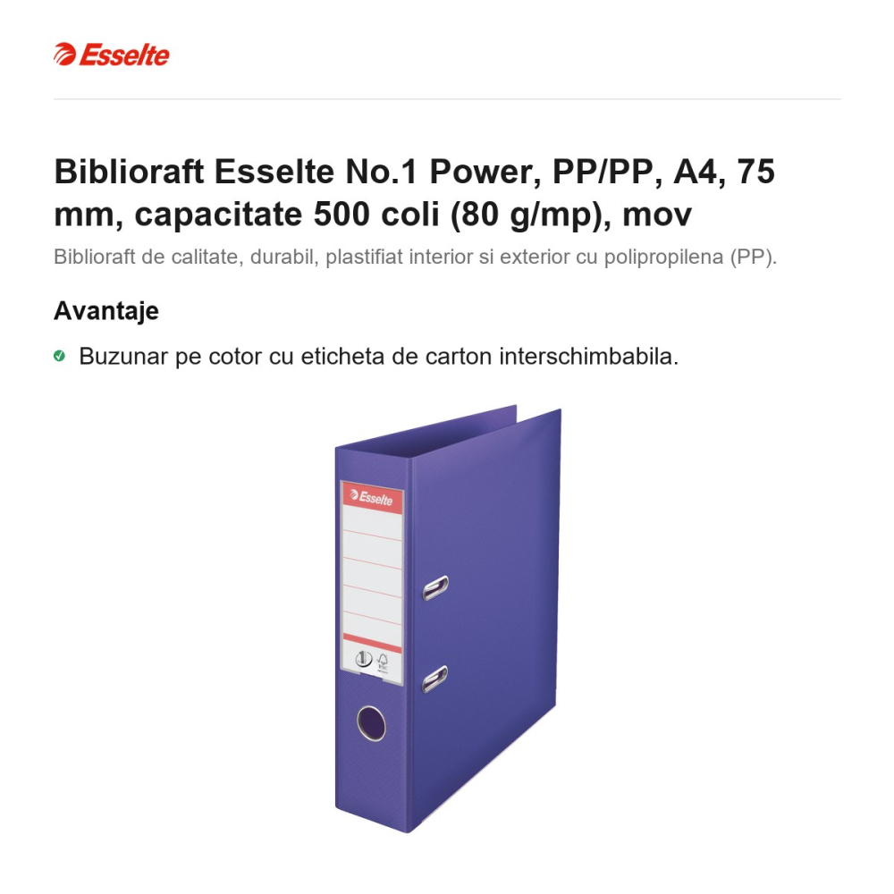 Biblioraft Esselte No.1 Power, PP/PP, A4, 75 mm, capacitate 500 coli (80 g/mp), mov [2]
