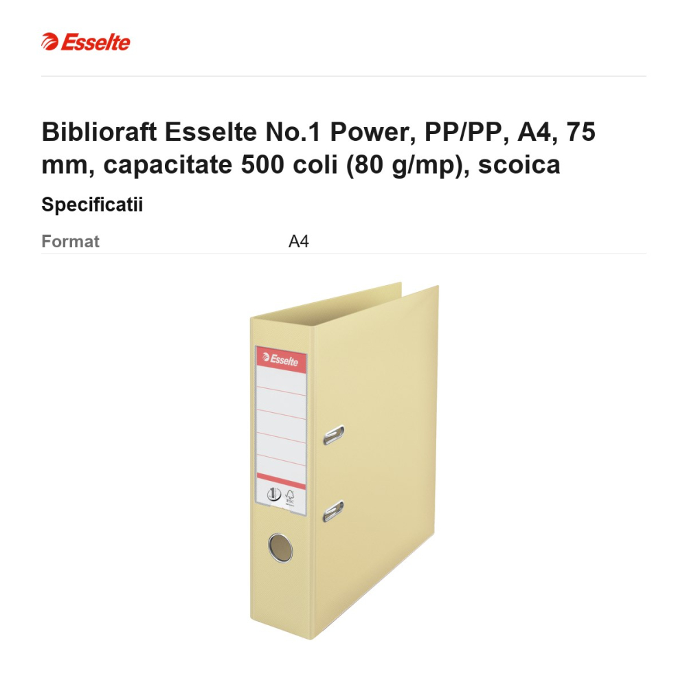 Biblioraft Esselte No.1 Power, PP/PP, A4, 75 mm, capacitate 500 coli (80 g/mp), scoica [3]