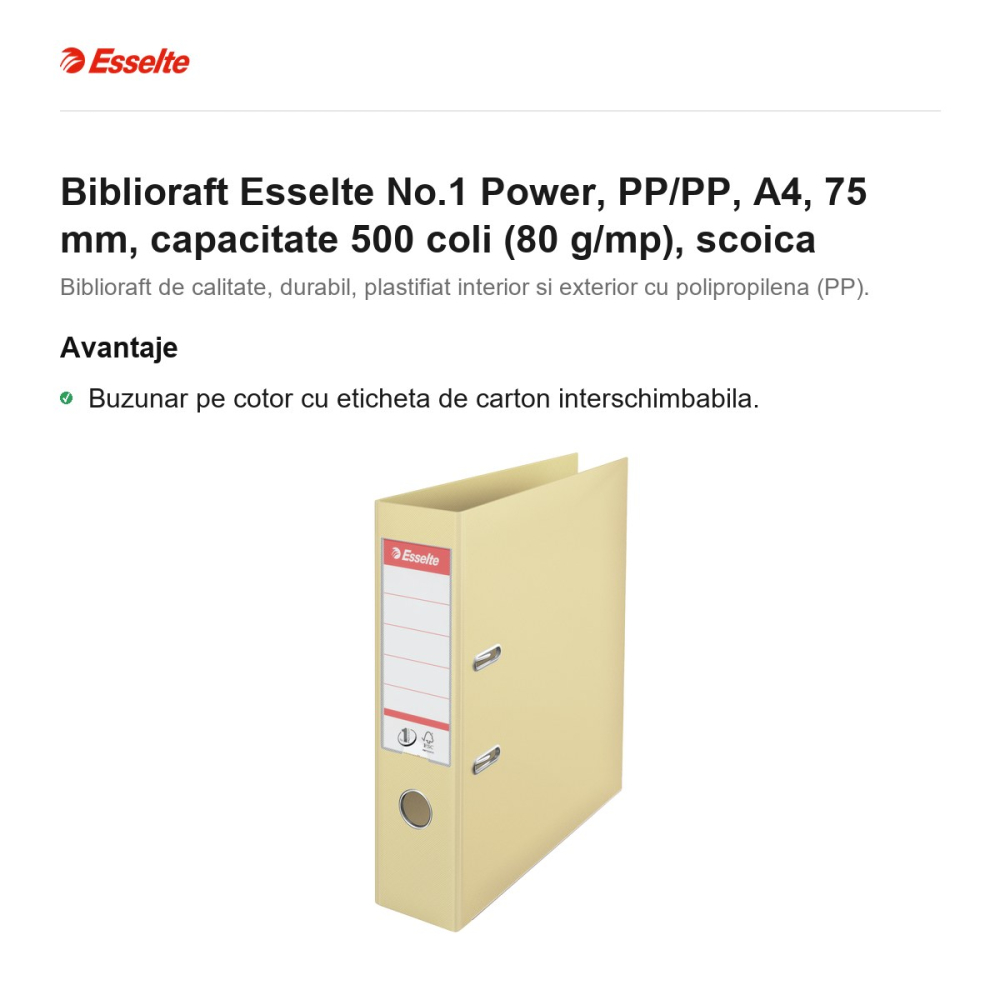 Biblioraft Esselte No.1 Power, PP/PP, A4, 75 mm, capacitate 500 coli (80 g/mp), scoica [2]
