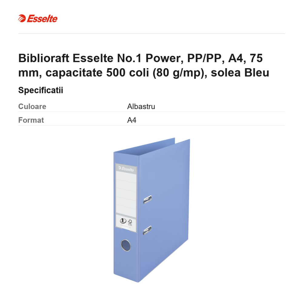 Biblioraft Esselte No.1 Power, PP/PP, A4, 75 mm, capacitate 500 coli (80 g/mp), solea Bleu [3]