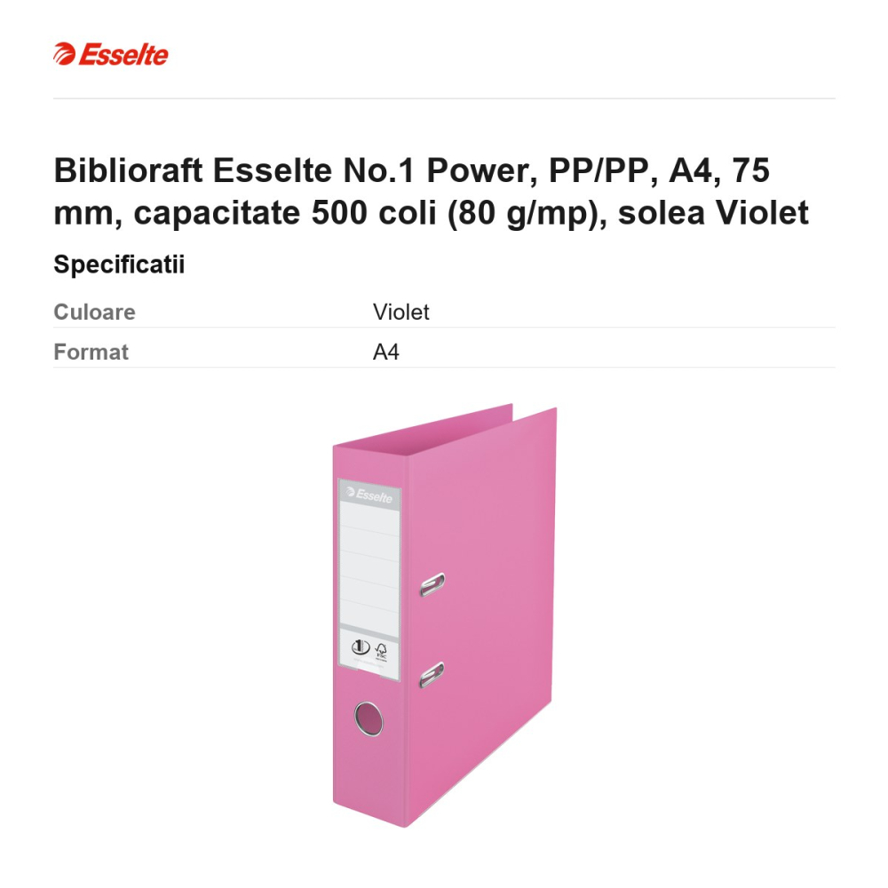 Biblioraft Esselte No.1 Power, PP/PP, A4, 75 mm, capacitate 500 coli (80 g/mp), solea Violet [3]