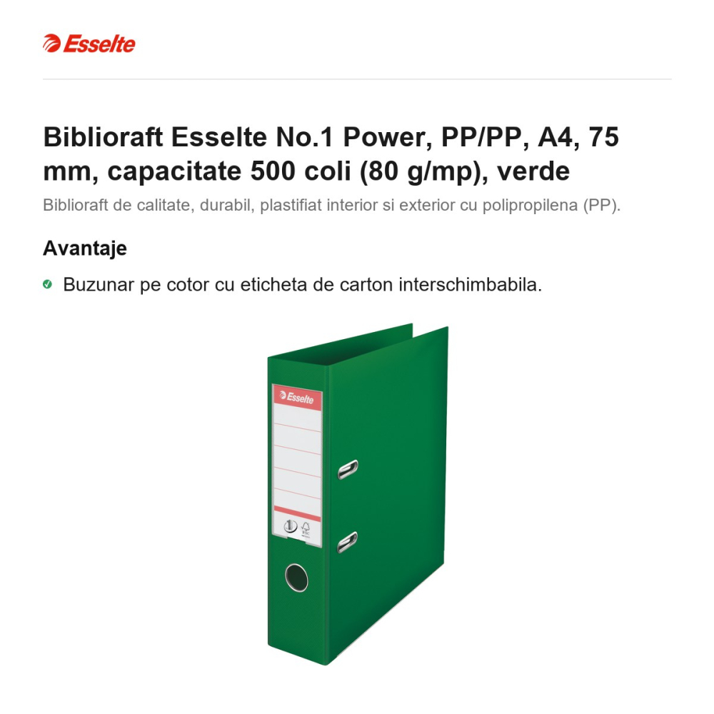 Biblioraft Esselte No.1 Power, PP/PP, A4, 75 mm, capacitate 500 coli (80 g/mp), verde [2]