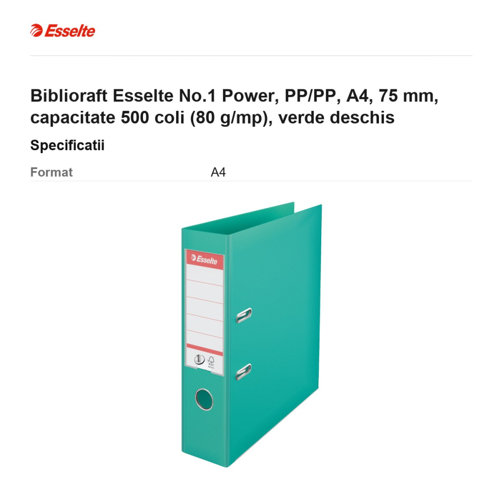 Biblioraft Esselte No.1 Power, PP/PP, A4, 75 mm, capacitate 500 coli (80 g/mp), verde deschis [3]