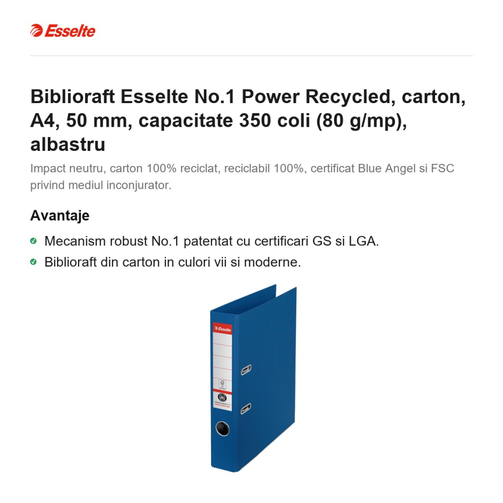 Biblioraft Esselte No.1 Power Recycled, carton, A4, 50 mm, capacitate 350 coli (80 g/mp), albastru [2]