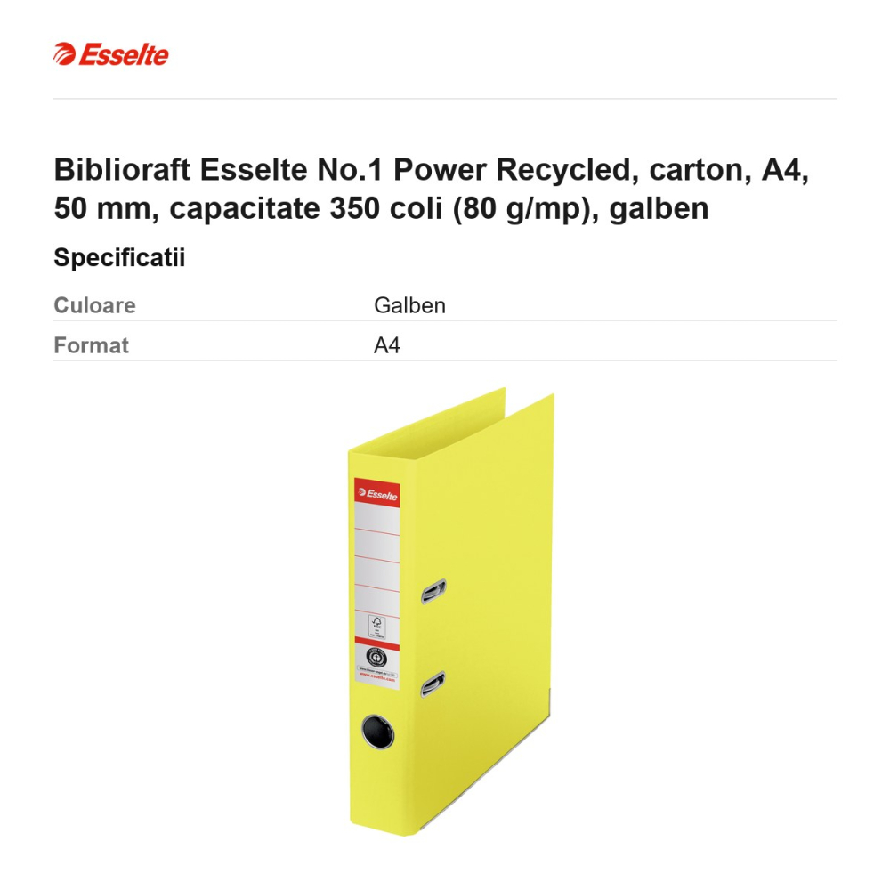 Biblioraft Esselte No.1 Power Recycled, carton, A4, 50 mm, capacitate 350 coli (80 g/mp), galben [3]