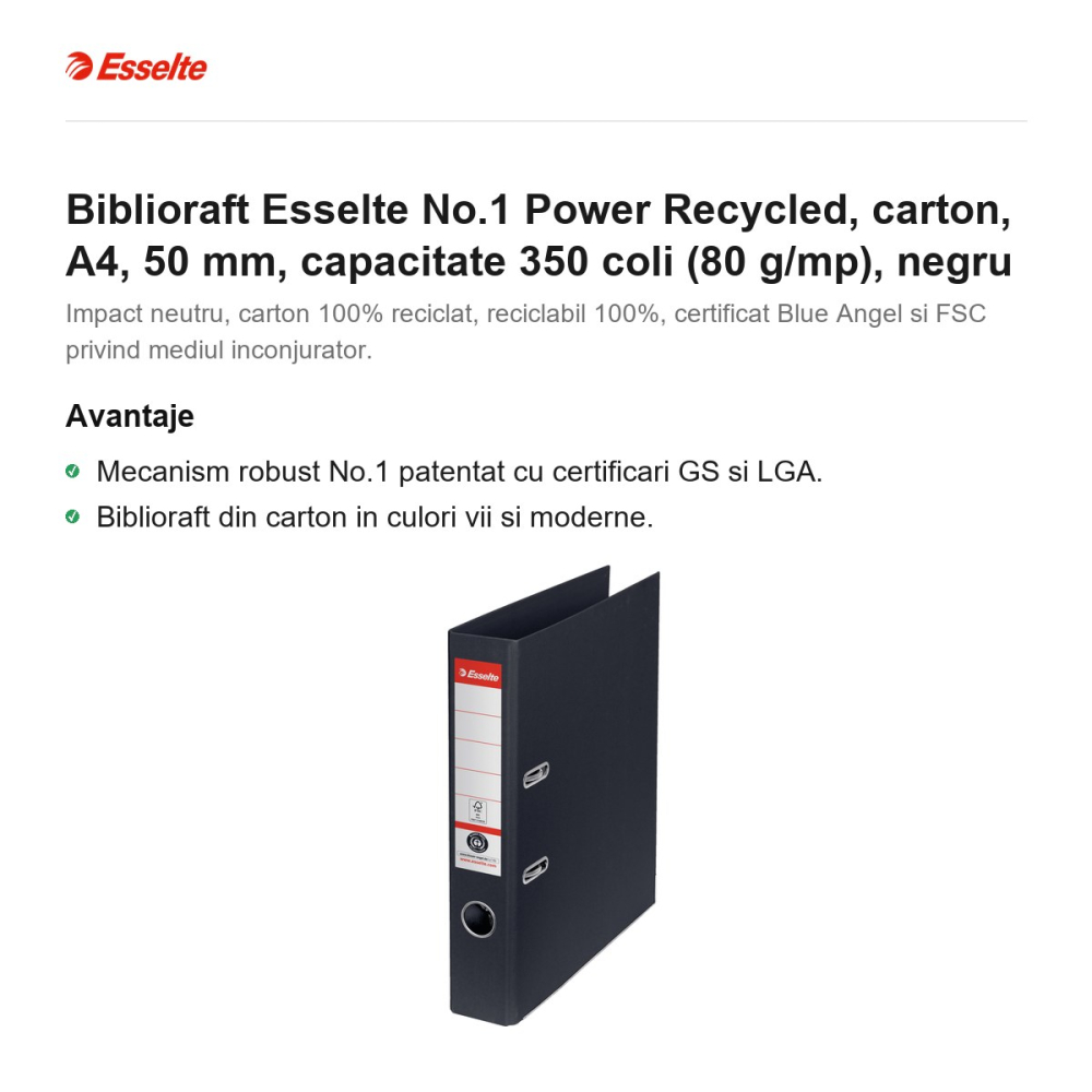 Biblioraft Esselte No.1 Power Recycled, carton, A4, 50 mm, capacitate 350 coli (80 g/mp), negru [2]