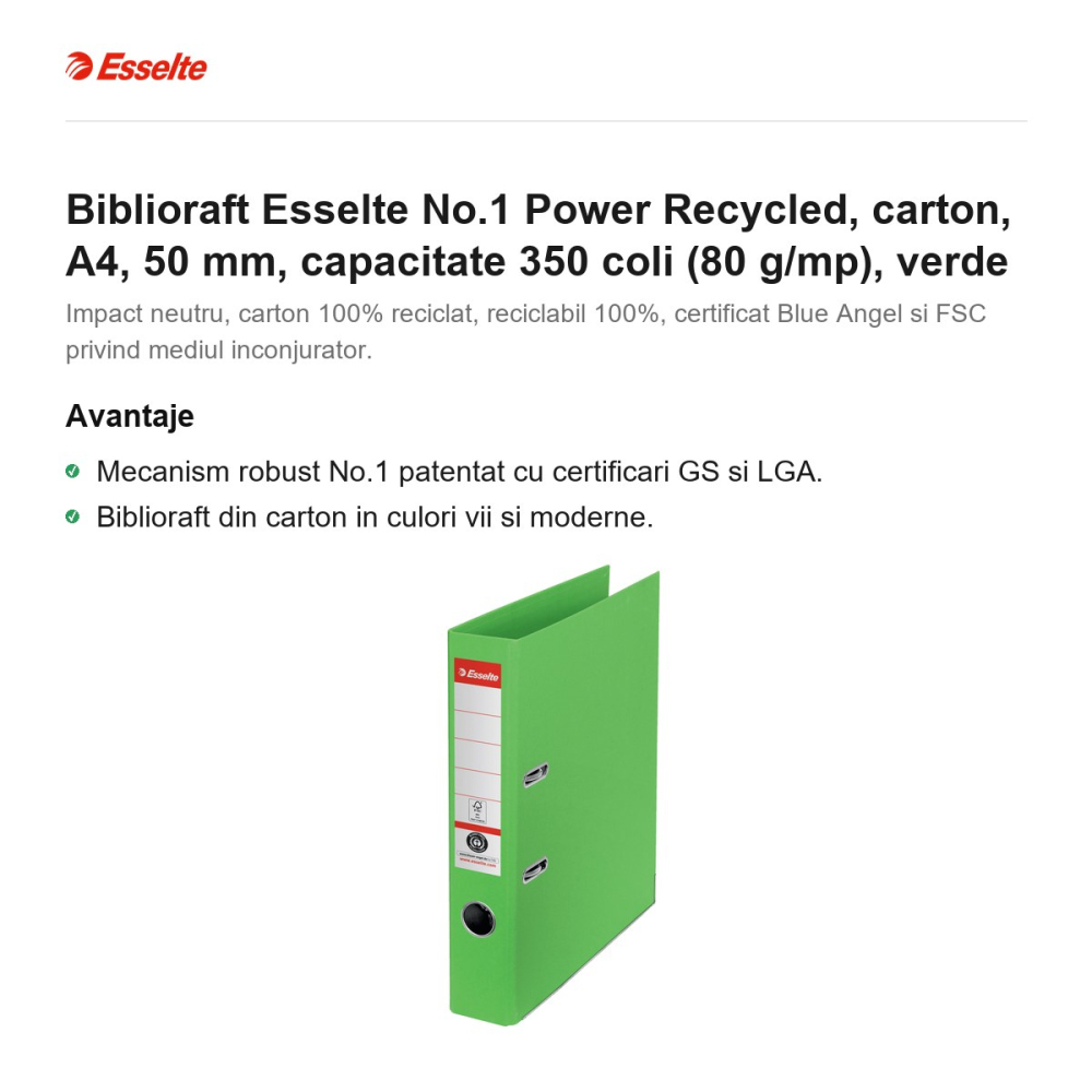 Biblioraft Esselte No.1 Power Recycled, carton, A4, 50 mm, capacitate 350 coli (80 g/mp), verde [2]