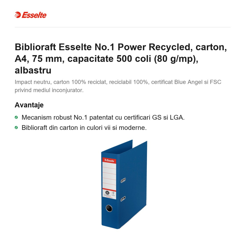 Biblioraft Esselte No.1 Power Recycled, carton, A4, 75 mm, capacitate 500 coli (80 g/mp), albastru [2]