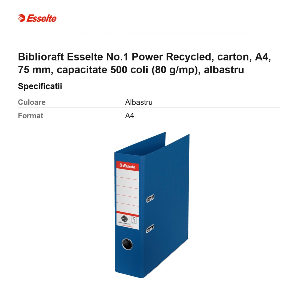 Biblioraft Esselte No.1 Power Recycled, carton, A4, 75 mm, capacitate 500 coli (80 g/mp), albastru [3]