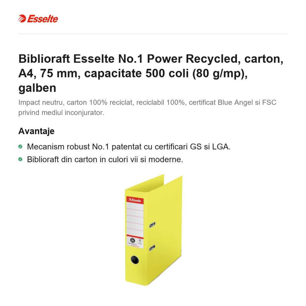 Biblioraft Esselte No.1 Power Recycled, carton, A4, 75 mm, capacitate 500 coli (80 g/mp), galben [2]
