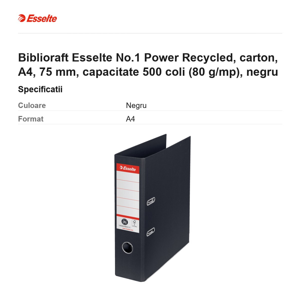 Biblioraft Esselte No.1 Power Recycled, carton, A4, 75 mm, capacitate 500 coli (80 g/mp), negru [3]