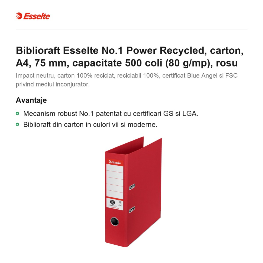 Biblioraft Esselte No.1 Power Recycled, carton, A4, 75 mm, capacitate 500 coli (80 g/mp), rosu [2]