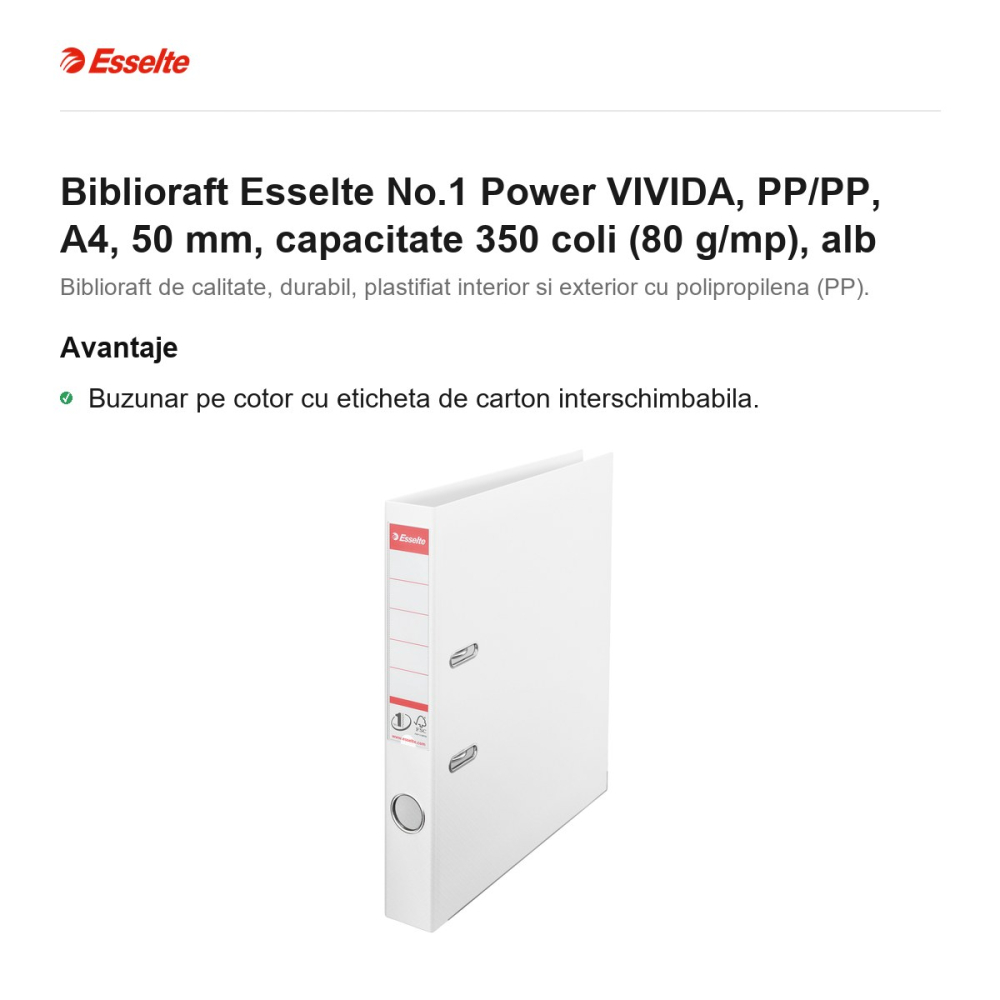Biblioraft Esselte No.1 Power VIVIDA, PP/PP, A4, 50 mm, capacitate 350 coli (80 g/mp), alb [2]