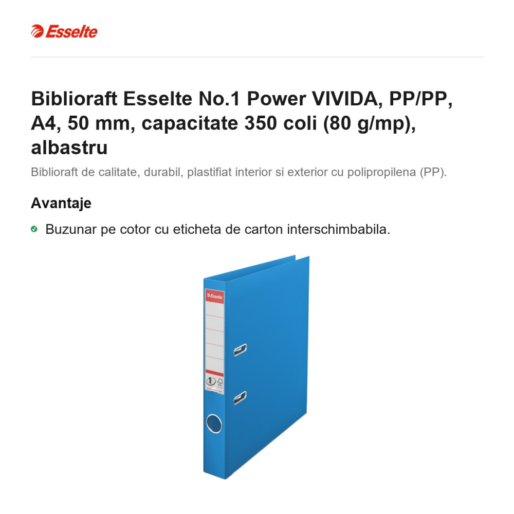 Biblioraft Esselte No.1 Power VIVIDA, PP/PP, A4, 50 mm, capacitate 350 coli (80 g/mp), albastru [2]