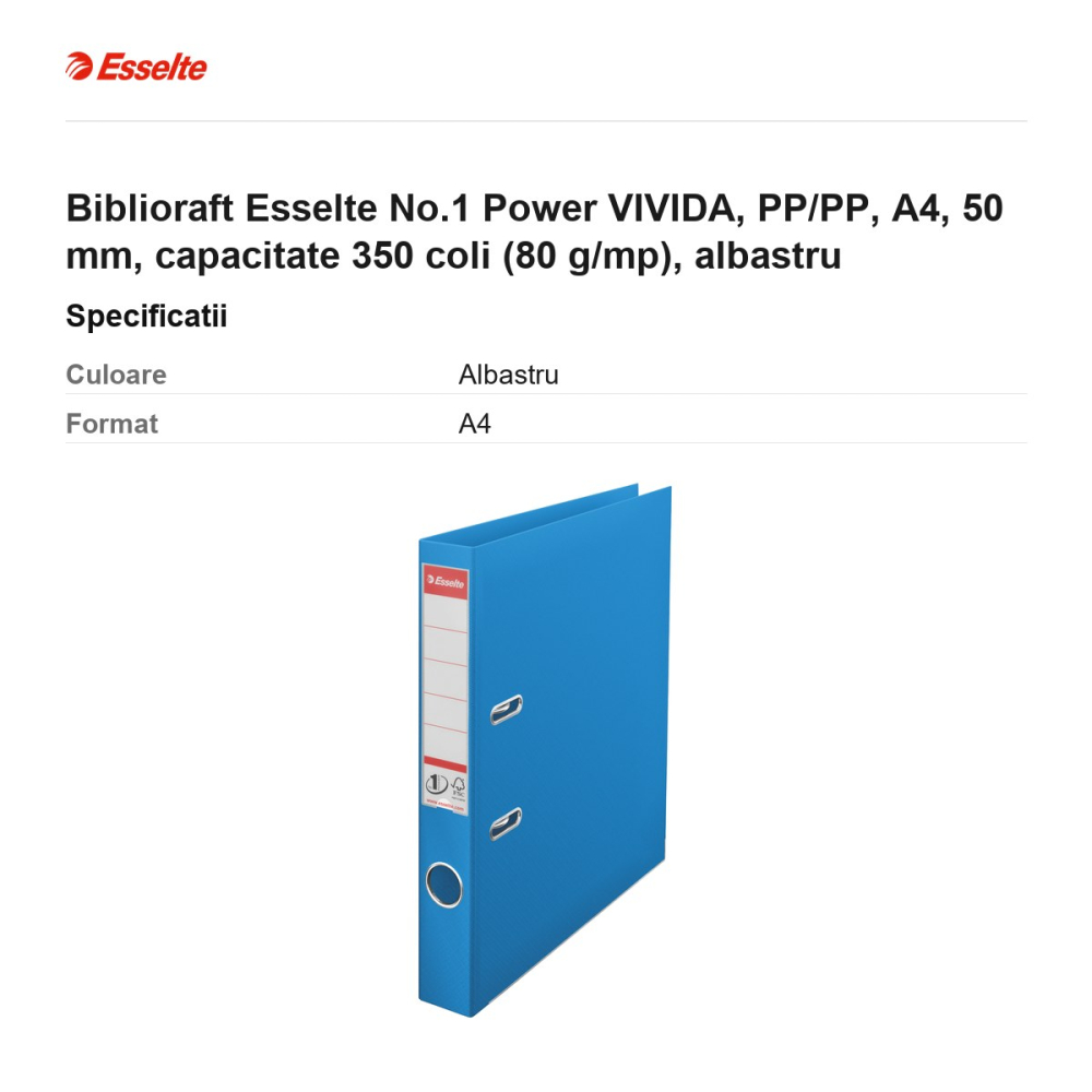 Biblioraft Esselte No.1 Power VIVIDA, PP/PP, A4, 50 mm, capacitate 350 coli (80 g/mp), albastru [3]