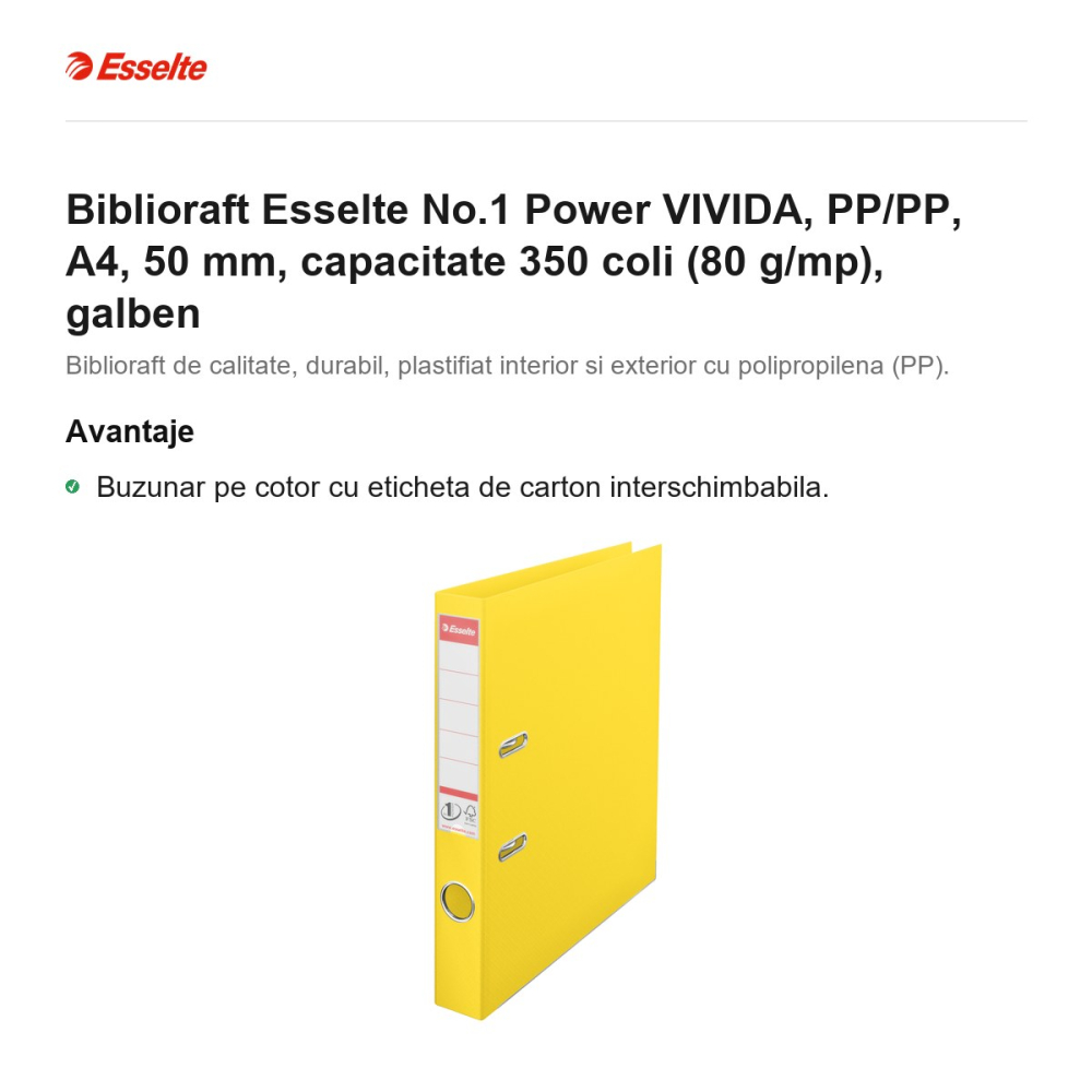 Biblioraft Esselte No.1 Power VIVIDA, PP/PP, A4, 50 mm, capacitate 350 coli (80 g/mp), galben [2]