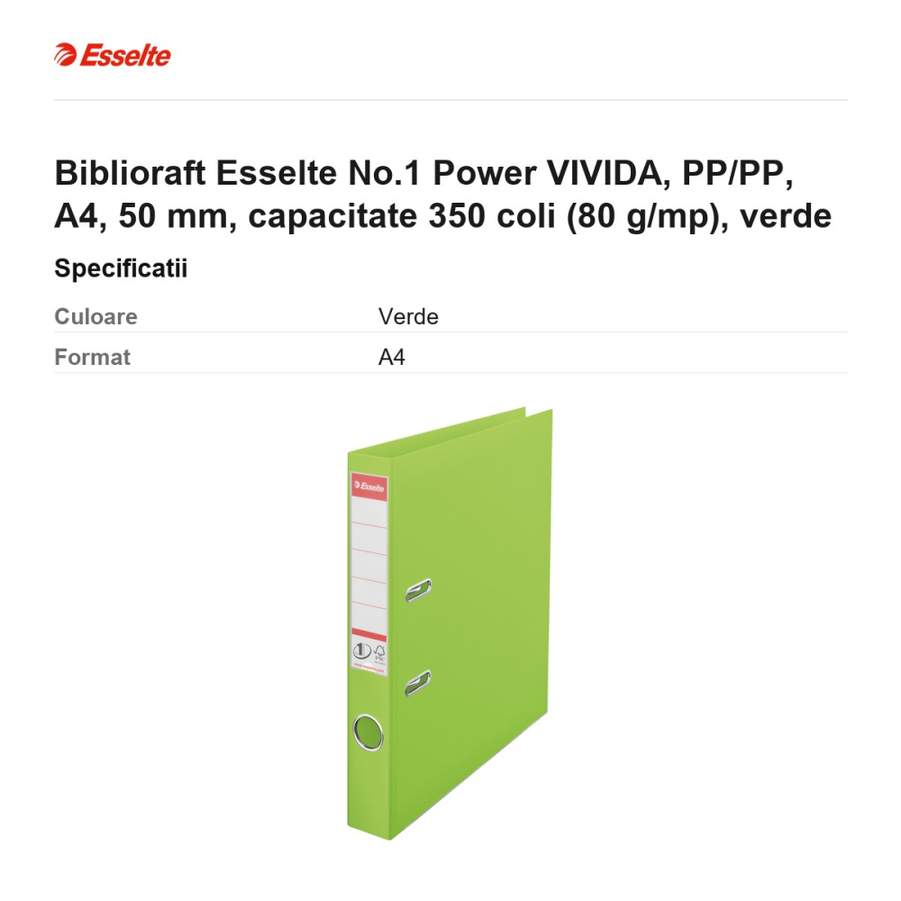 Biblioraft Esselte No.1 Power VIVIDA, PP/PP, A4, 50 mm, capacitate 350 coli (80 g/mp), verde [3]