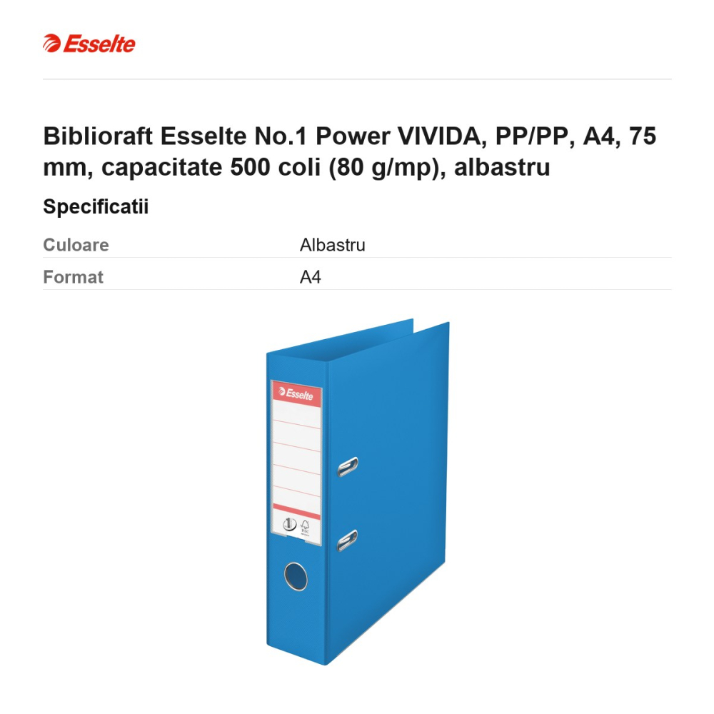 Biblioraft Esselte No.1 Power VIVIDA, PP/PP, A4, 75 mm, capacitate 500 coli (80 g/mp), albastru [3]