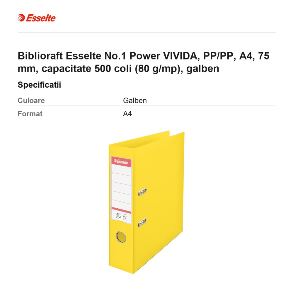 Biblioraft Esselte No.1 Power VIVIDA, PP/PP, A4, 75 mm, capacitate 500 coli (80 g/mp), galben [3]