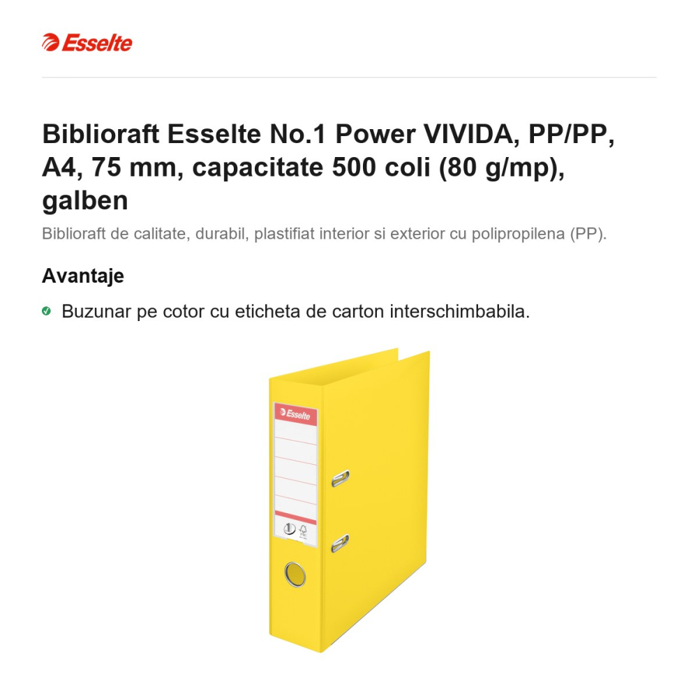 Biblioraft Esselte No.1 Power VIVIDA, PP/PP, A4, 75 mm, capacitate 500 coli (80 g/mp), galben [2]