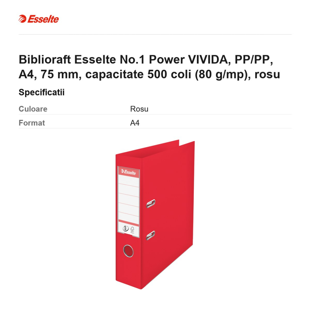 Biblioraft Esselte No.1 Power VIVIDA, PP/PP, A4, 75 mm, capacitate 500 coli (80 g/mp), rosu [3]