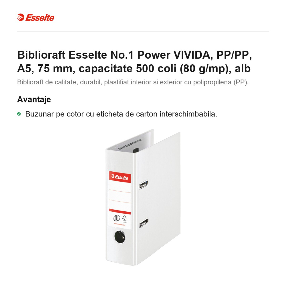 Biblioraft Esselte No.1 Power VIVIDA, PP/PP, A5, 75 mm, capacitate 500 coli (80 g/mp), alb [2]