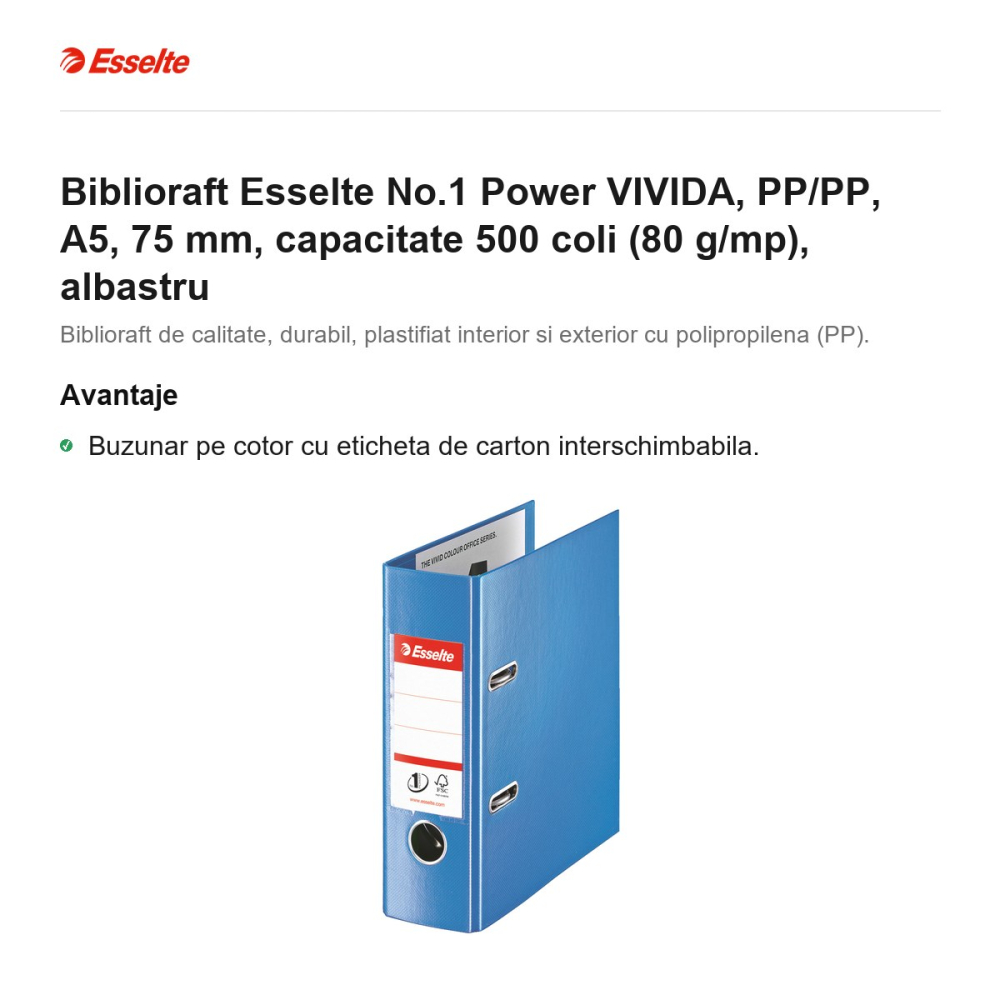 Biblioraft Esselte No.1 Power VIVIDA, PP/PP, A5, 75 mm, capacitate 500 coli (80 g/mp), albastru [2]