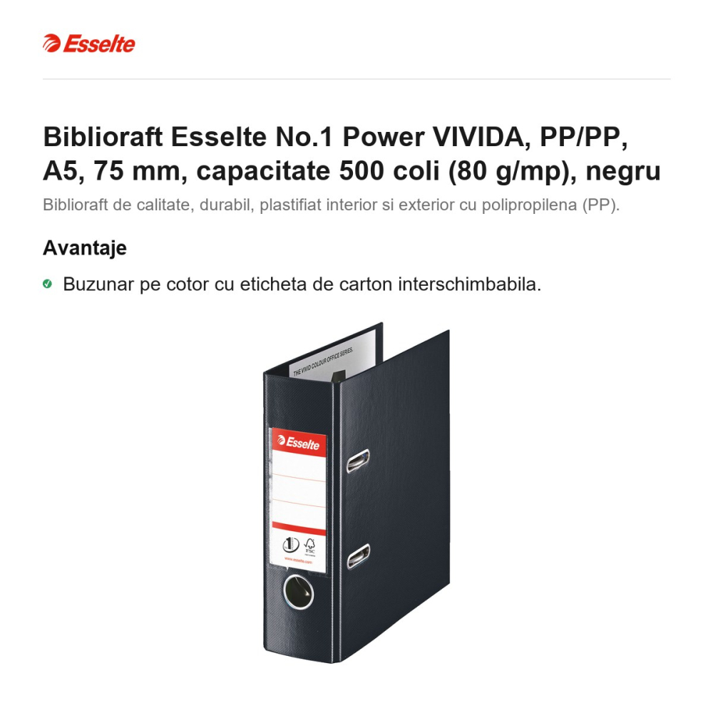 Biblioraft Esselte No.1 Power VIVIDA, PP/PP, A5, 75 mm, capacitate 500 coli (80 g/mp), negru [2]