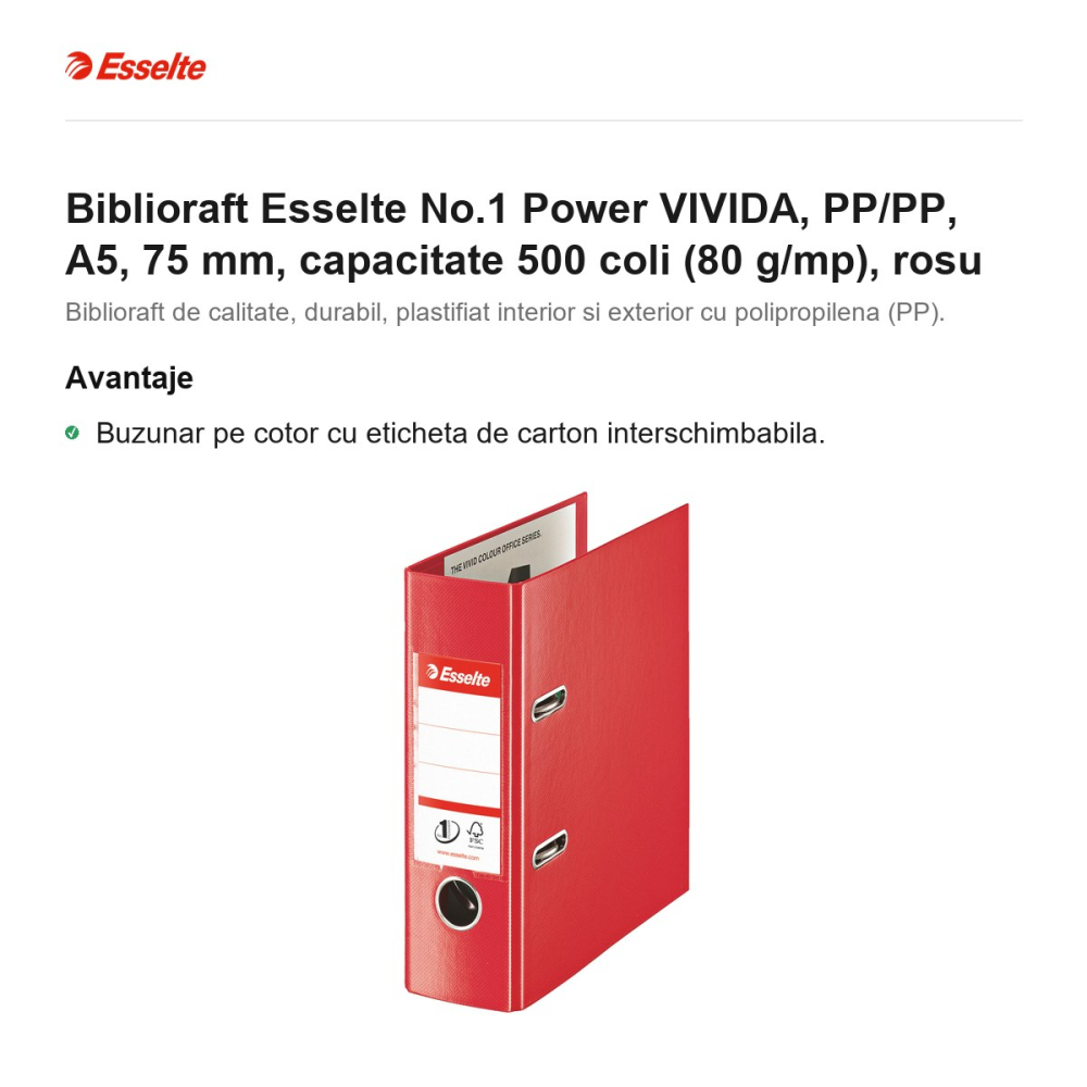 Biblioraft Esselte No.1 Power VIVIDA, PP/PP, A5, 75 mm, capacitate 500 coli (80 g/mp), rosu [2]