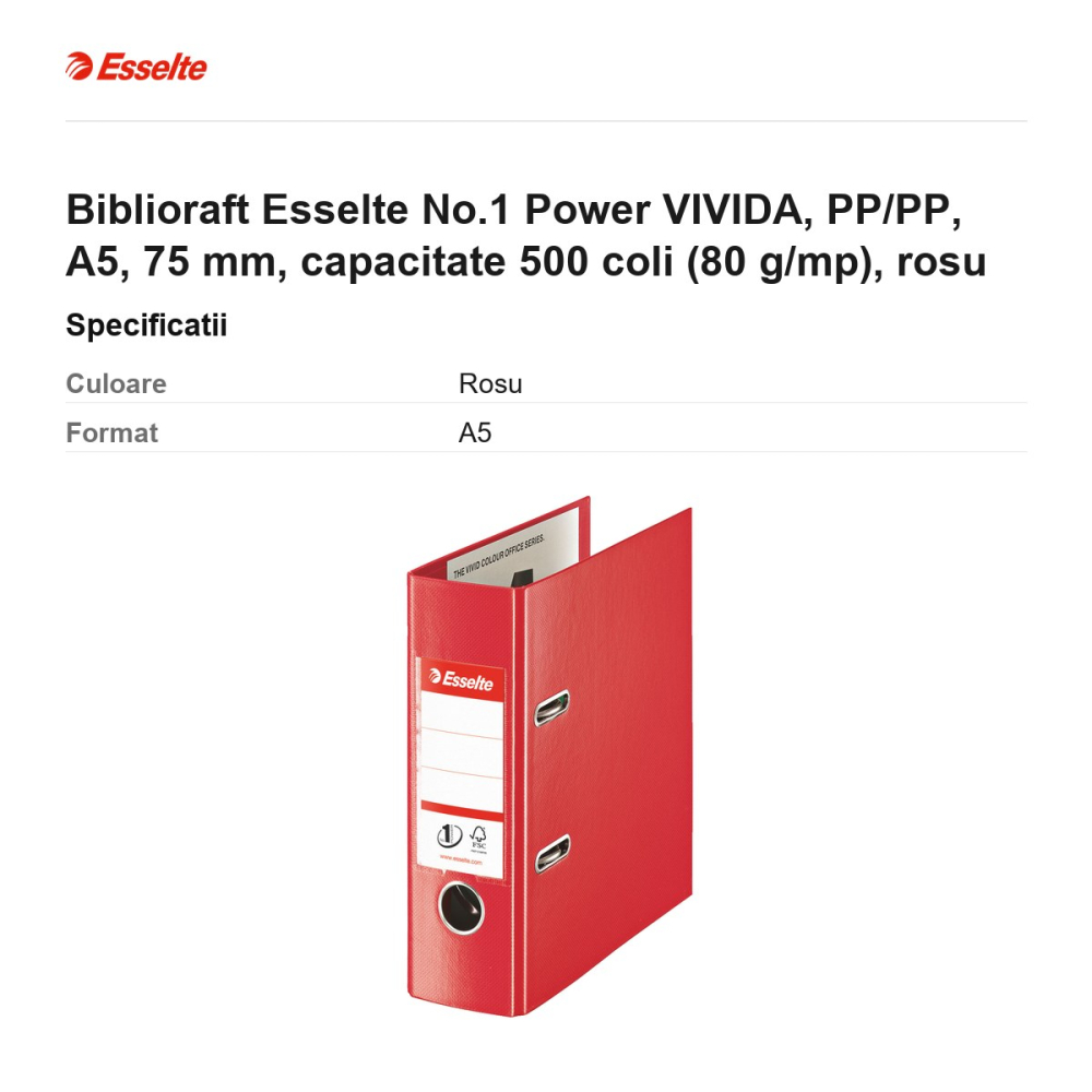 Biblioraft Esselte No.1 Power VIVIDA, PP/PP, A5, 75 mm, capacitate 500 coli (80 g/mp), rosu [3]
