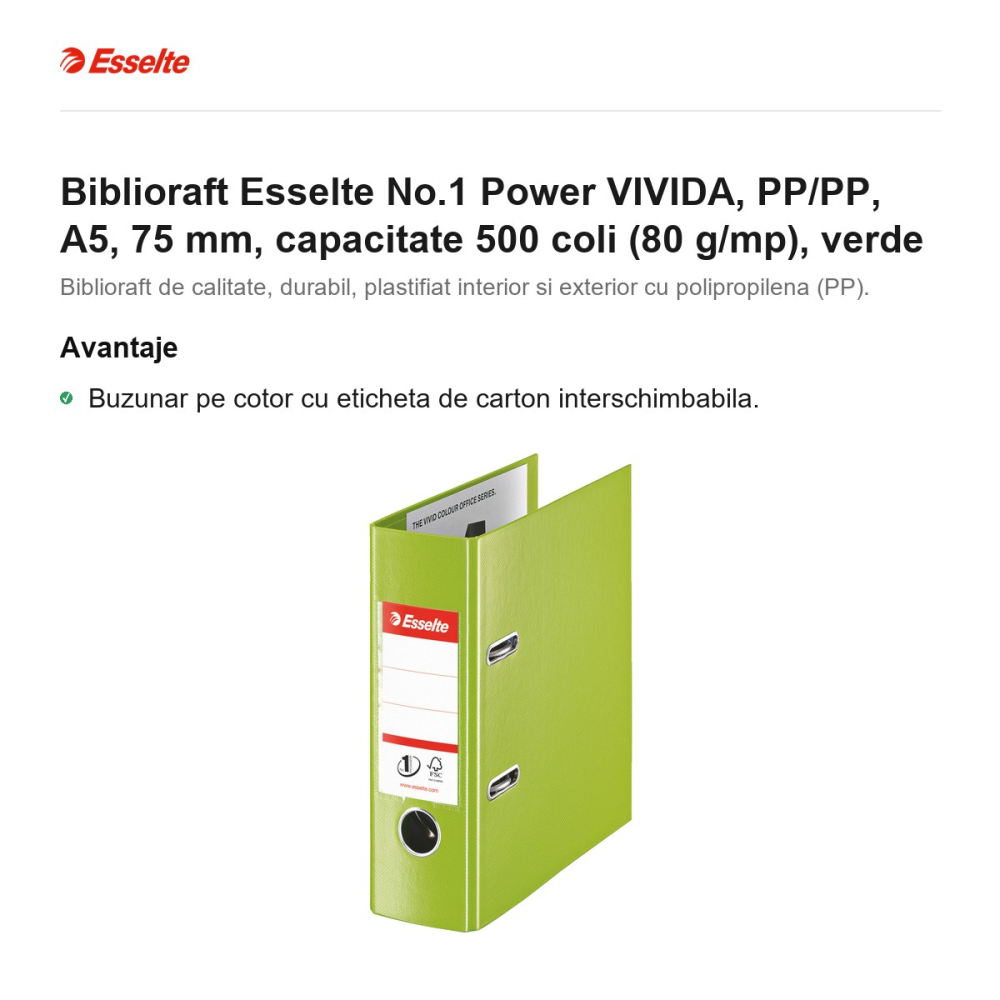 Biblioraft Esselte No.1 Power VIVIDA, PP/PP, A5, 75 mm, capacitate 500 coli (80 g/mp), verde [2]