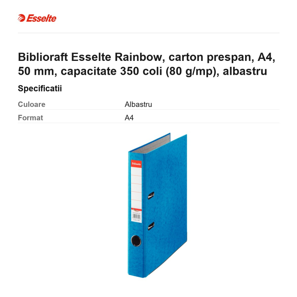 Biblioraft Esselte Rainbow, carton prespan, A4, 50 mm, capacitate 350 coli (80 g/mp), albastru [3]
