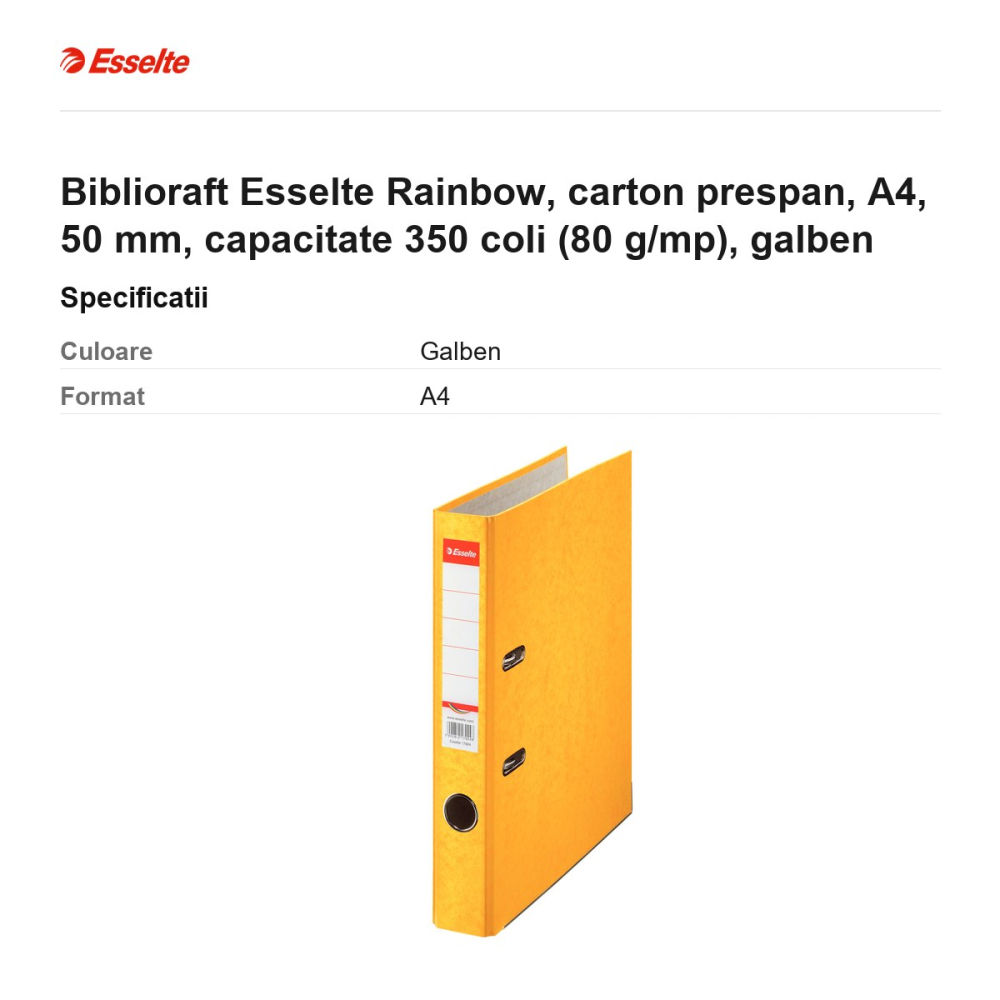 Biblioraft Esselte Rainbow, carton prespan, A4, 50 mm, capacitate 350 coli (80 g/mp), galben [3]