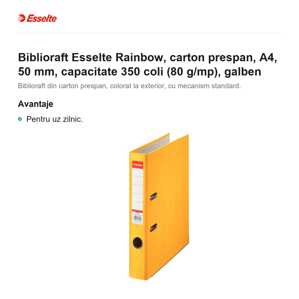 Biblioraft Esselte Rainbow, carton prespan, A4, 50 mm, capacitate 350 coli (80 g/mp), galben [2]
