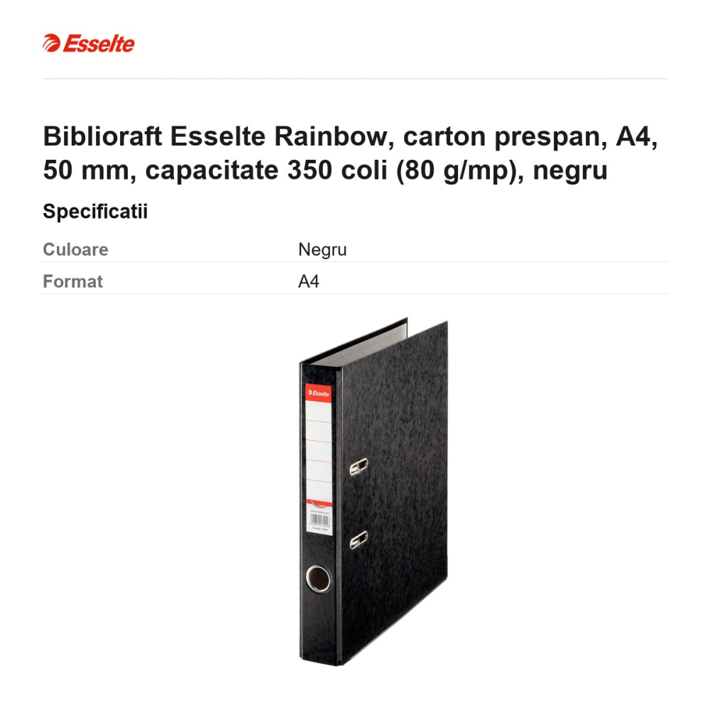 Biblioraft Esselte Rainbow, carton prespan, A4, 50 mm, capacitate 350 coli (80 g/mp), negru [3]