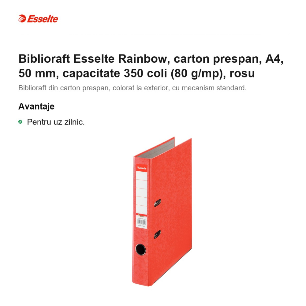 Biblioraft Esselte Rainbow, carton prespan, A4, 50 mm, capacitate 350 coli (80 g/mp), rosu [2]